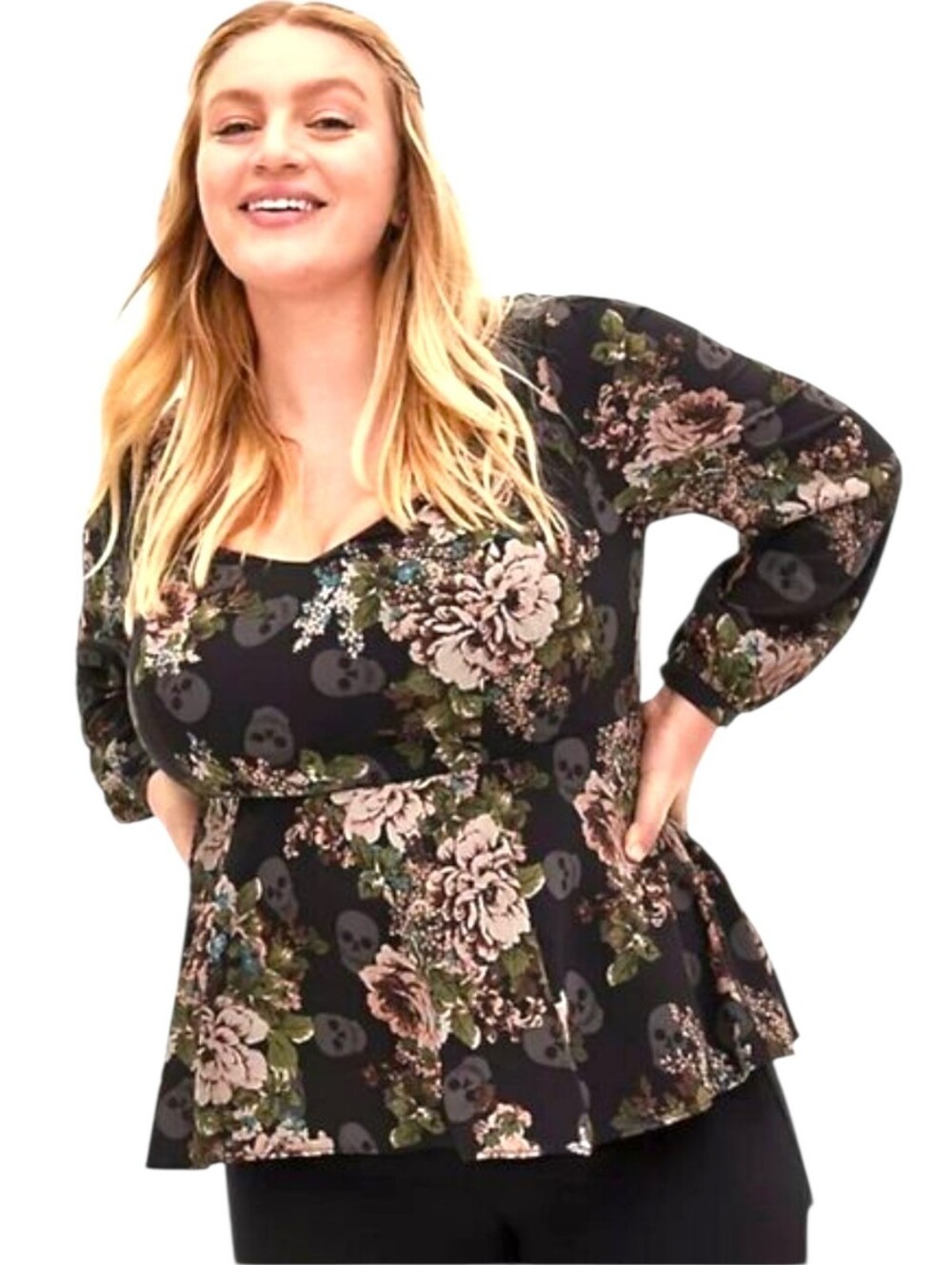 Torrid 4X Skull Floral Sweetheart Peplum Blouse Goth Romantic